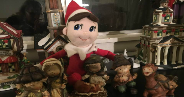 image of elf on shelf by nativity