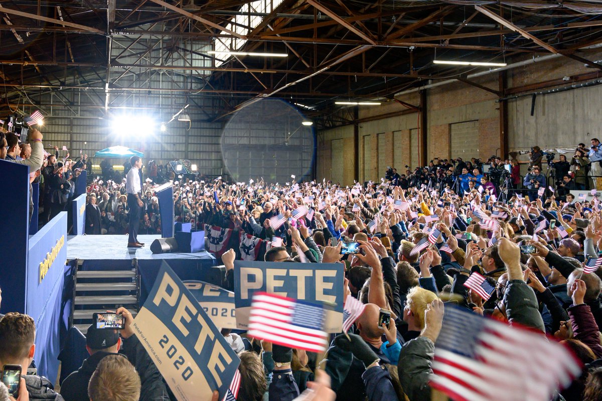 image of Pete Buttigieg, April 14, 2019, announcing presidential candidacy in front of crowd with signs for Pete 2020