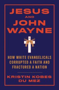 image of book cover for jesus and john wayne, blue with red lettering