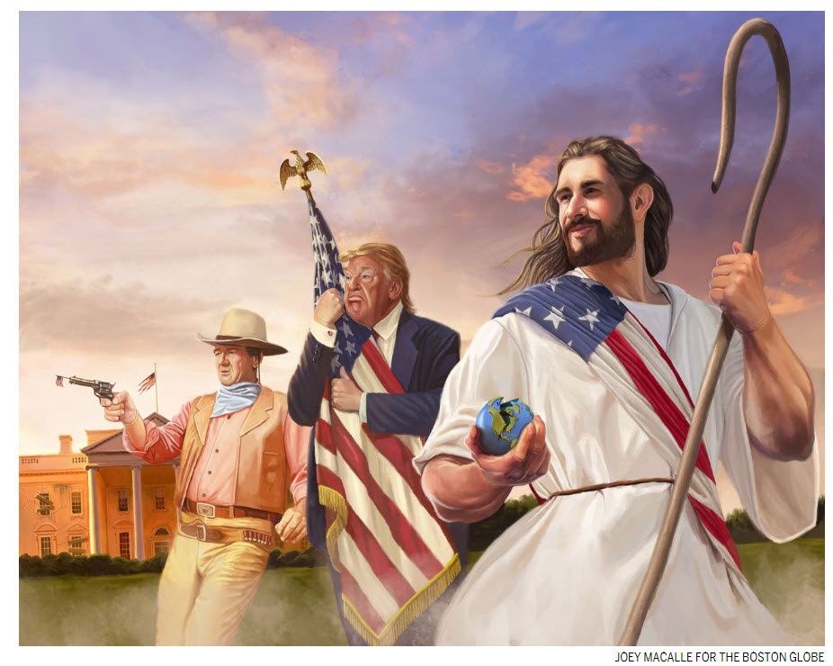 image of Jesus and Donald trump in American flags with John Wayne in cowboy outfit