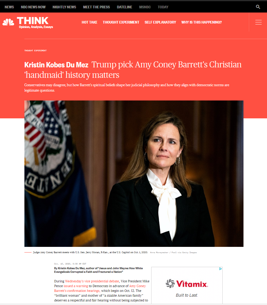 Screenshot of NBCnews.com opinion piece with Judge Amy Coney Barrett in front of blue flag.