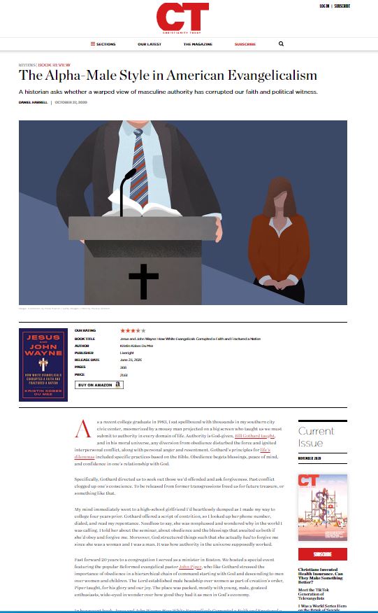 image of Christianity Today book review with cartoon picture of man in suit behind a pulpit and woman behind him