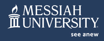 messiah university logo and words white on blue