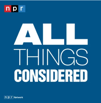 All Things Considered NPR logo blue background on white words